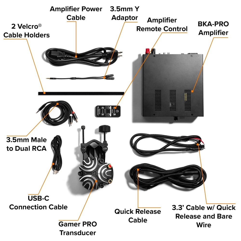 Buttkicker Gamer PRO Box Contents with labels to each item