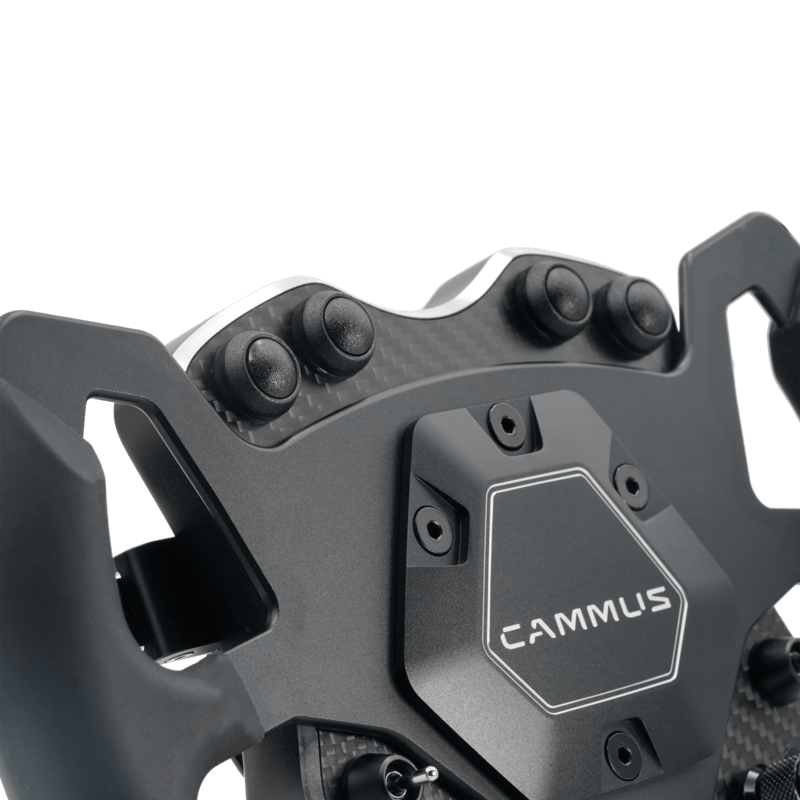 Cammus GTS Racing Wheel close up view of the 4 black buttons at the top of the wheel