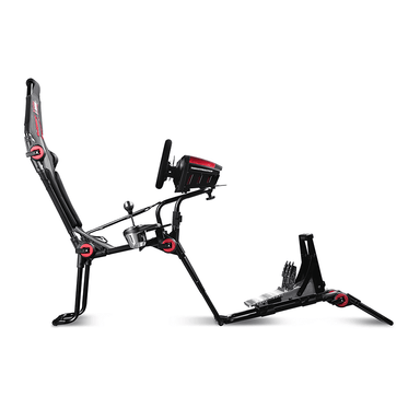 Next Level Racer F-GT Lite side on view with thrustmaster wheelbase, shifter and pedals in the GT position