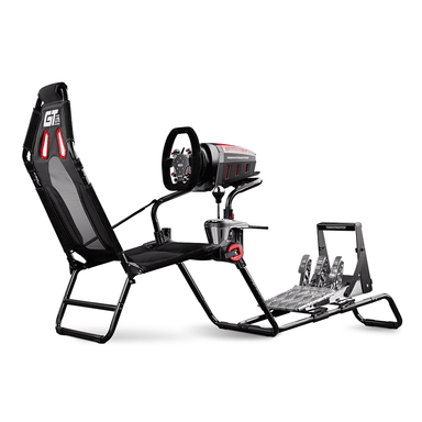 Next Level Racing GT Lite with Thrustmaster peripherals looking at it from the rear left hand side