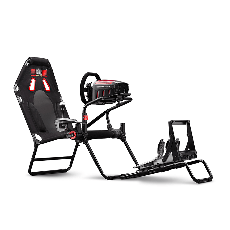 Next Level Racing GT Lite Racing Simulator Cockpit with Thrustmaster wheel and pedals looking at it from the front left hand side
