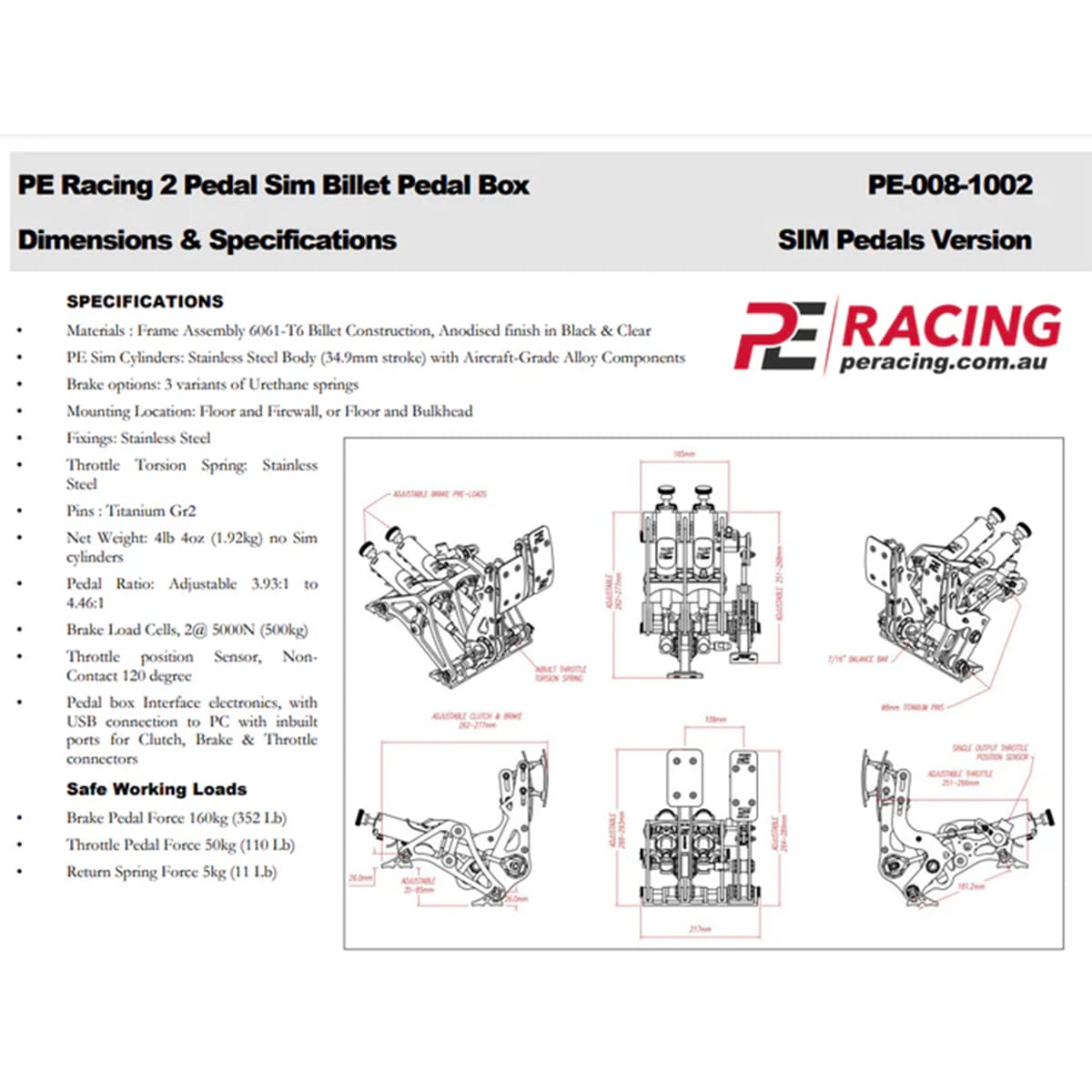 PE Racing 2 Pedal Load Cell Pedals Kit manual with the specifications labled