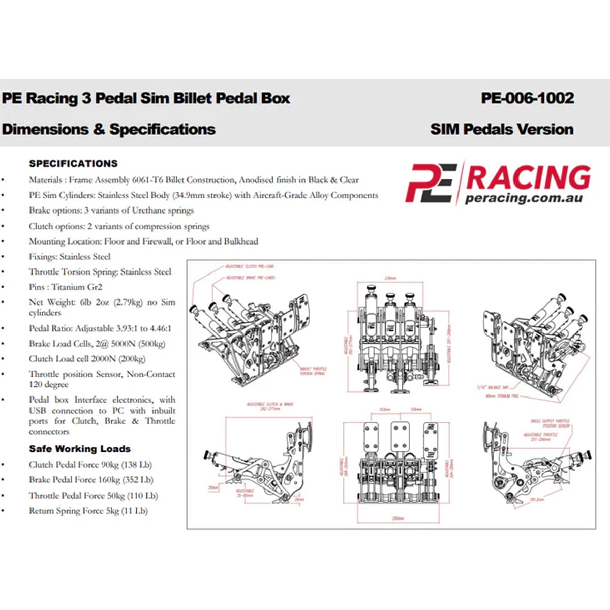 PE Racing 3 Pedal Load Cell Pedals Kit manual with the specifications labled