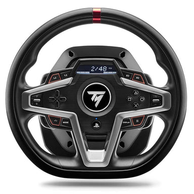 Front view of the Thrustmaster T248 steering wheel powered on