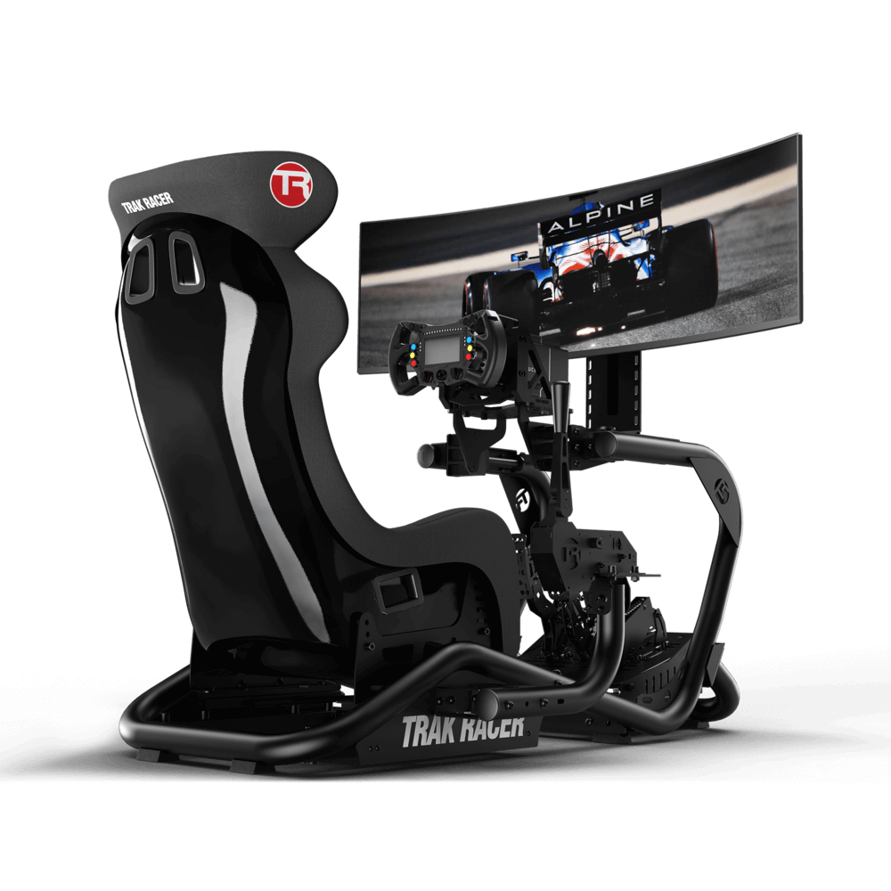 TR8 Pro with ultra wide monitor displaying Alpine F1 team on the screen, the seat is a GT style and there are wheel and pedal peripherals attached