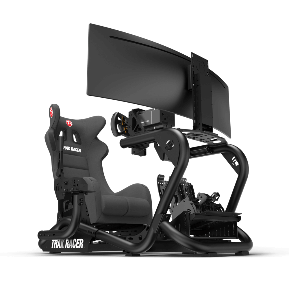 TR8 Pro with wide monitor from the front side view, attached is sim racing peripherals and a GT style seat