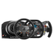 Image of 3 thrustmaster wheel add-ons next to the TS-PC to show which kind of wheel to wheelbase combinations are possible with this base