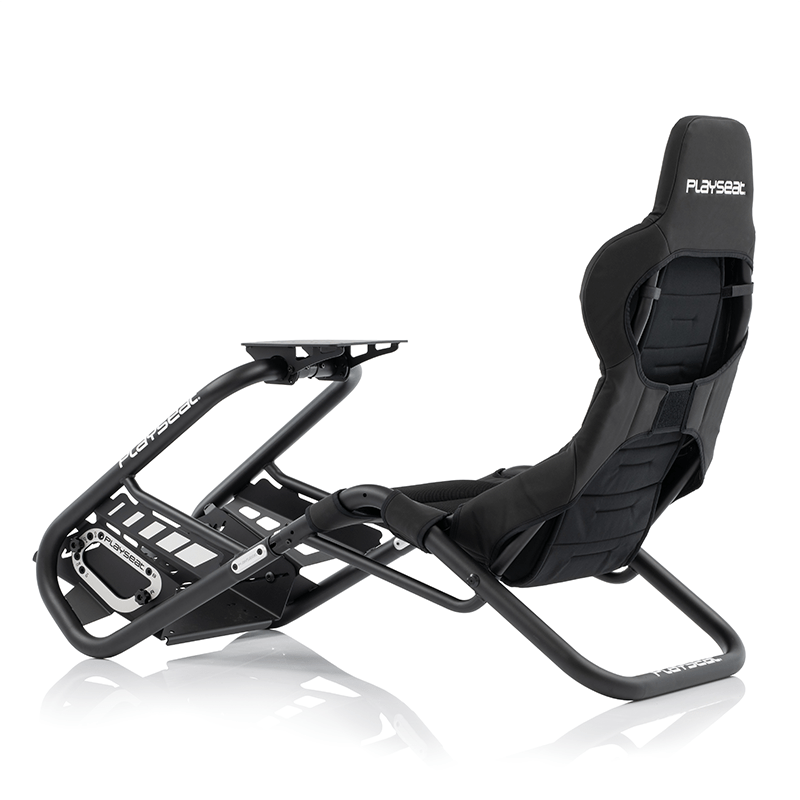 Side-rear view of the Playseat Trophy sim racing cockpit seat in black